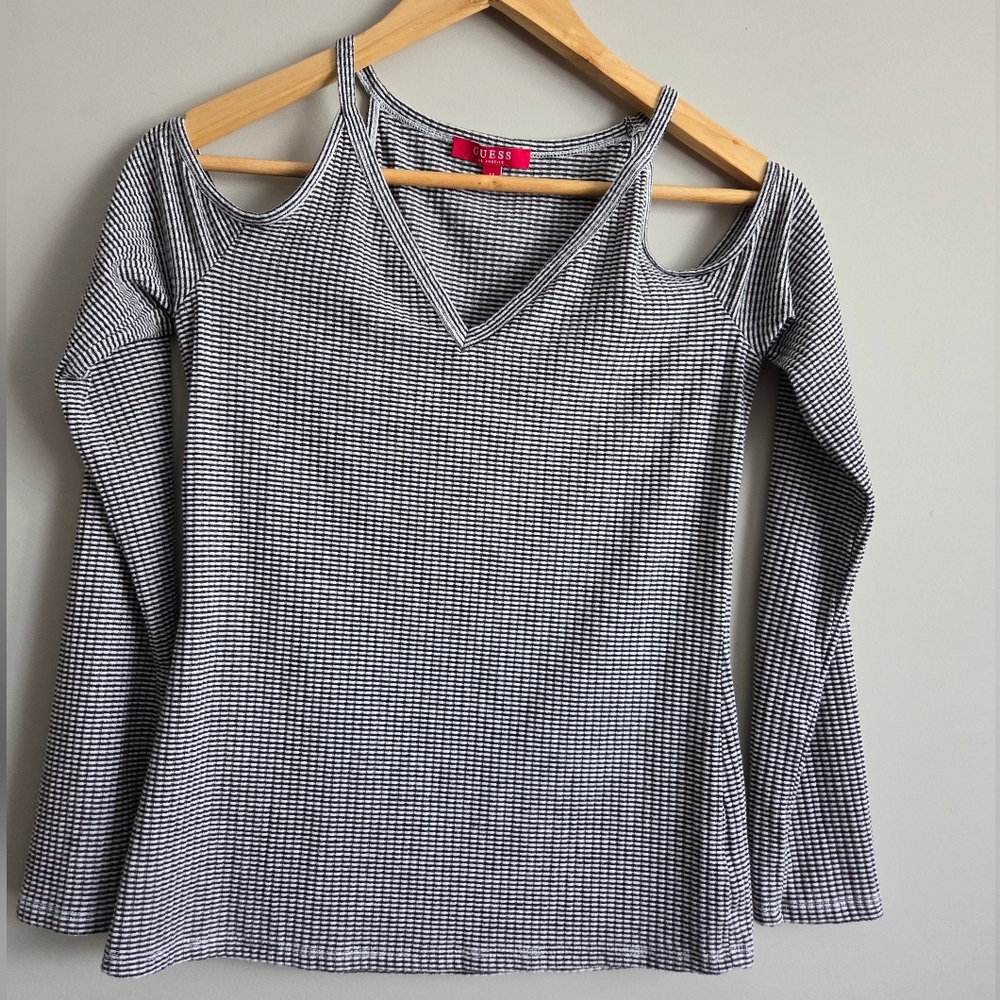 Guess Ribbed Cold Shoulder Top Black White Casual Ribbed V Neck Long Sleeve